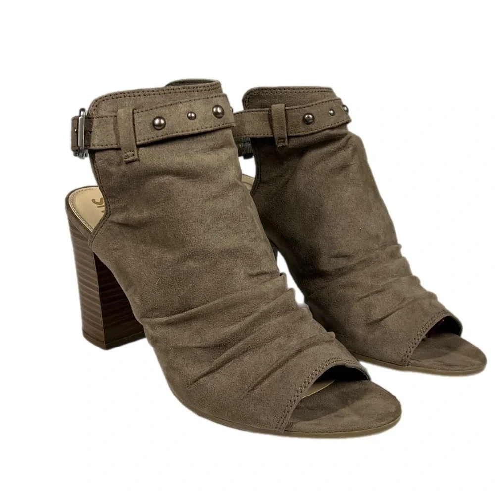 Circus By Sam Edelman | Peep Toe Taupe Ankle Bootie Chunky Heel Buckle Strap